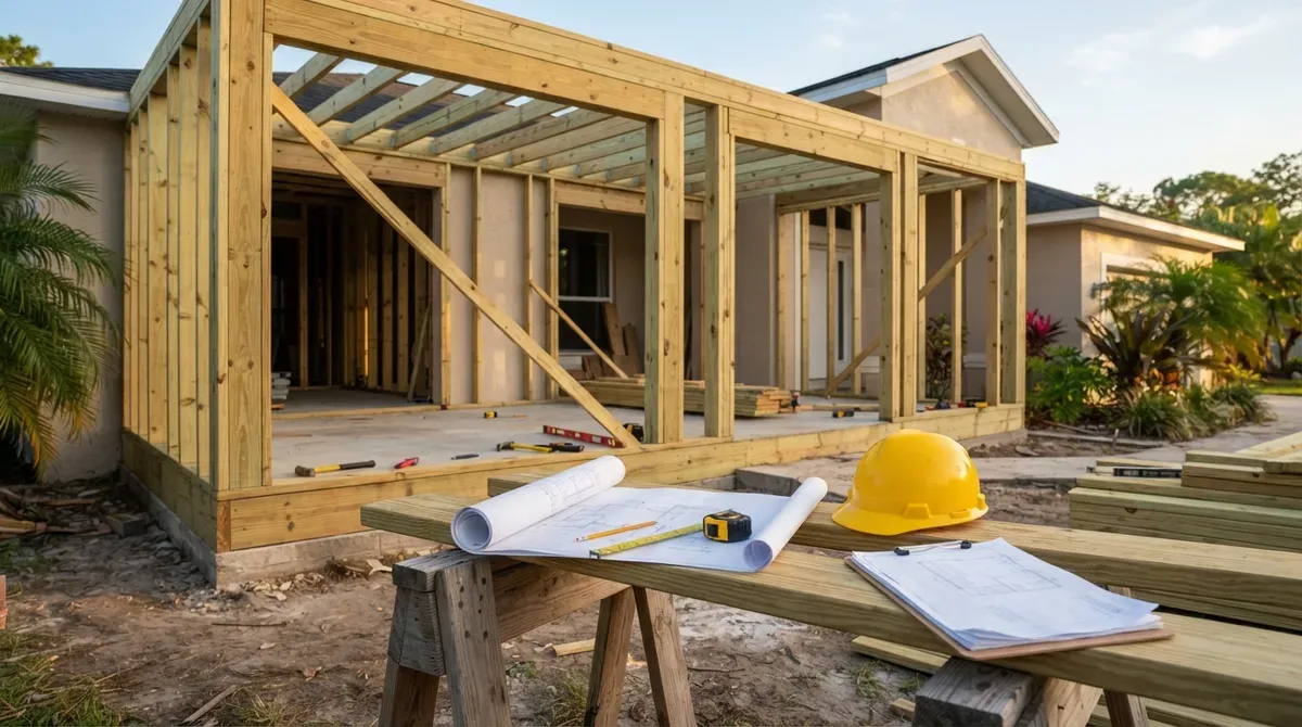 Wood-framed porch addition under construction beside a house, with a hard hat and plans on a sawhorse