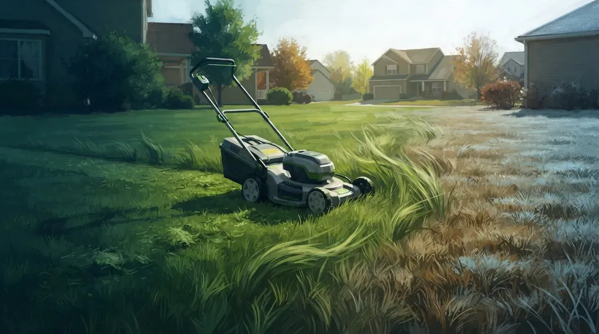 Lawn mower on a residential yard, with freshly cut grass on one side and taller grass on the other