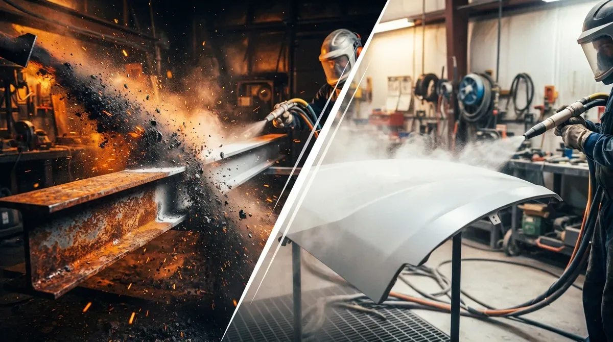 Split image comparing dry blasting a steel beam with sparks and soda blasting a car panel in a shop