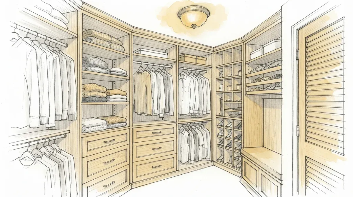 Sketch of a custom walk-in closet with built-in shelves, drawers, and hanging rods