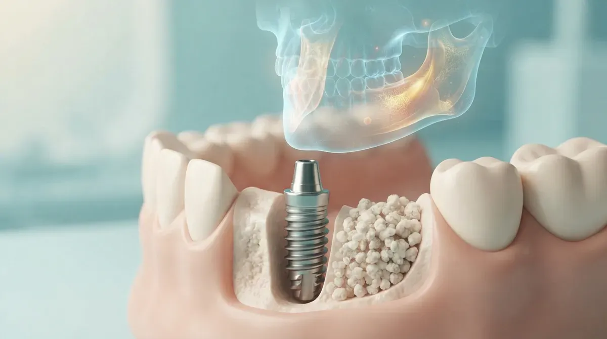 Model of a dental implant set in the jawbone with bone graft material beside it
