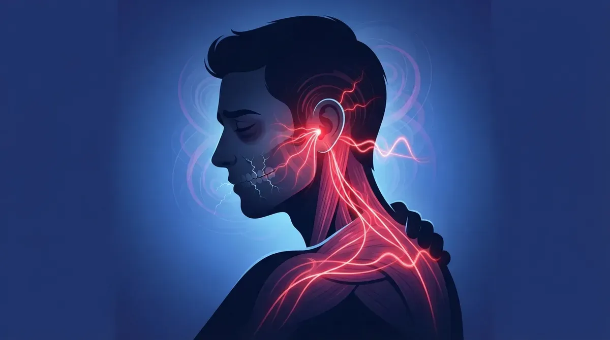 Illustration of a man in profile with red pain lines spreading from his jaw joint into his head and neck
