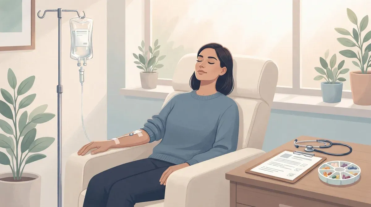 Illustration of a woman resting in a recliner during an IV therapy session