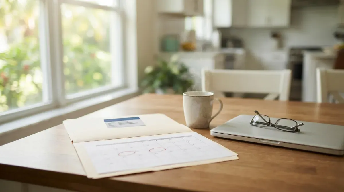 Kitchen table with health insurance paperwork, a laptop, glasses, and a coffee mug