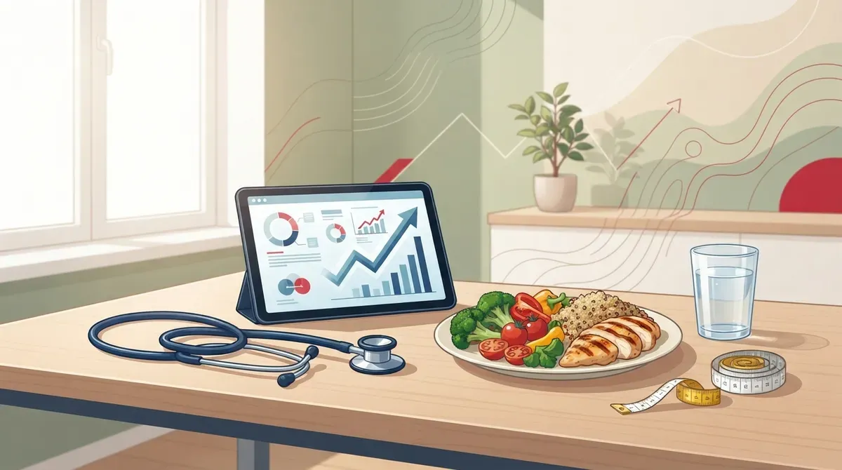 Tablet showing health charts next to a stethoscope, a balanced meal, and a tape measure