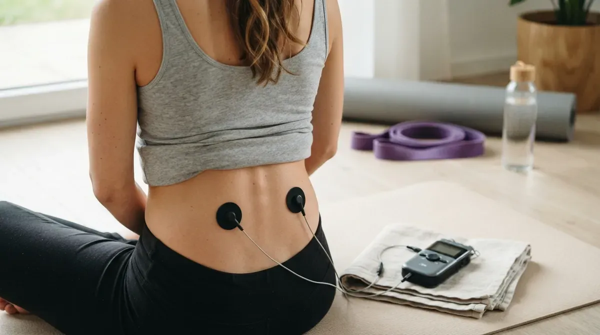 Woman sitting on a mat with TENS therapy pads on her lower back and the unit beside her