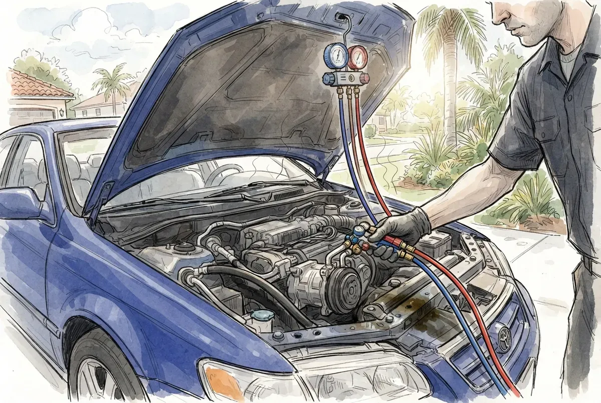 Technician testing a car's AC system with gauges connected under the open hood