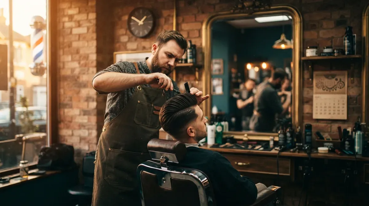 Barber styling a client's hair in a barbershop with a brick wall and vintage mirror