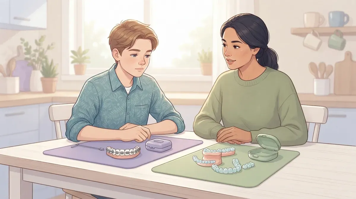 Illustration of a teen and parent at a table comparing braces and clear aligners