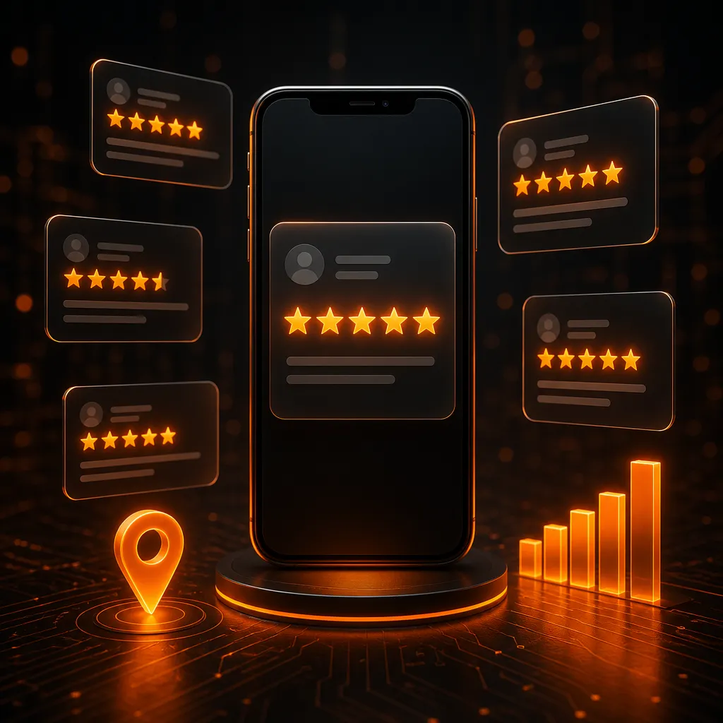 Smartphone showing a glowing five-star review, surrounded by floating review cards, a map pin, and a rising bar chart