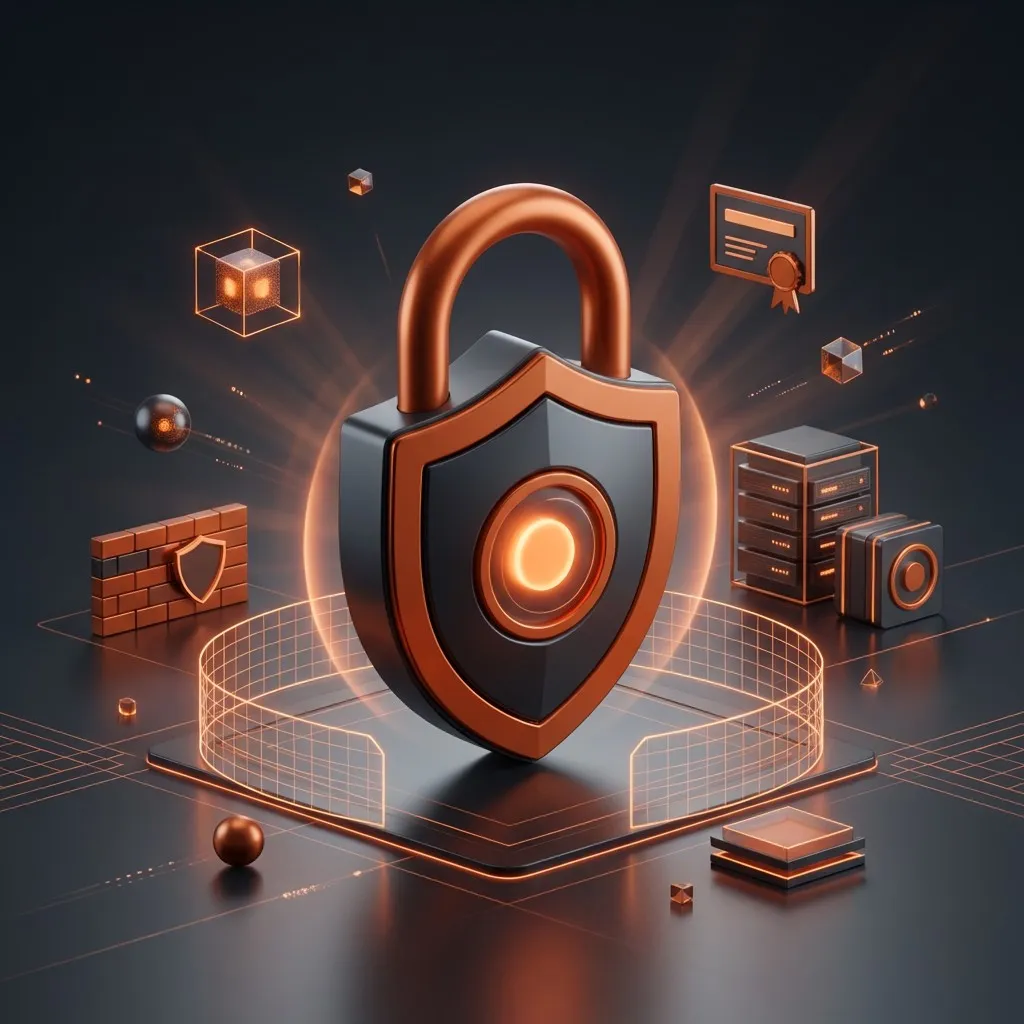 Padlock and shield with servers and a firewall, representing secure website hosting
