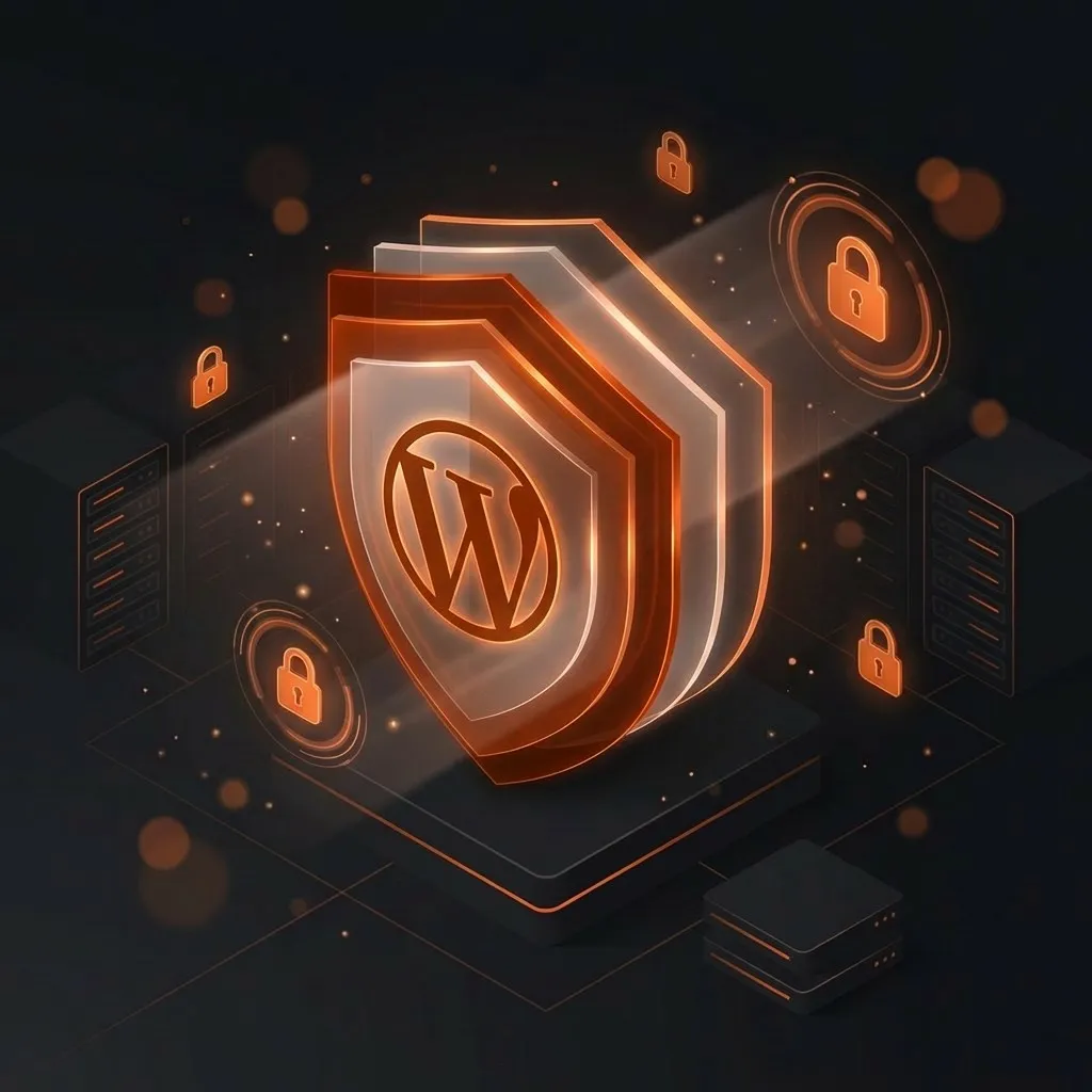WordPress logo on a glowing shield with servers and padlocks, representing secure WordPress hosting
