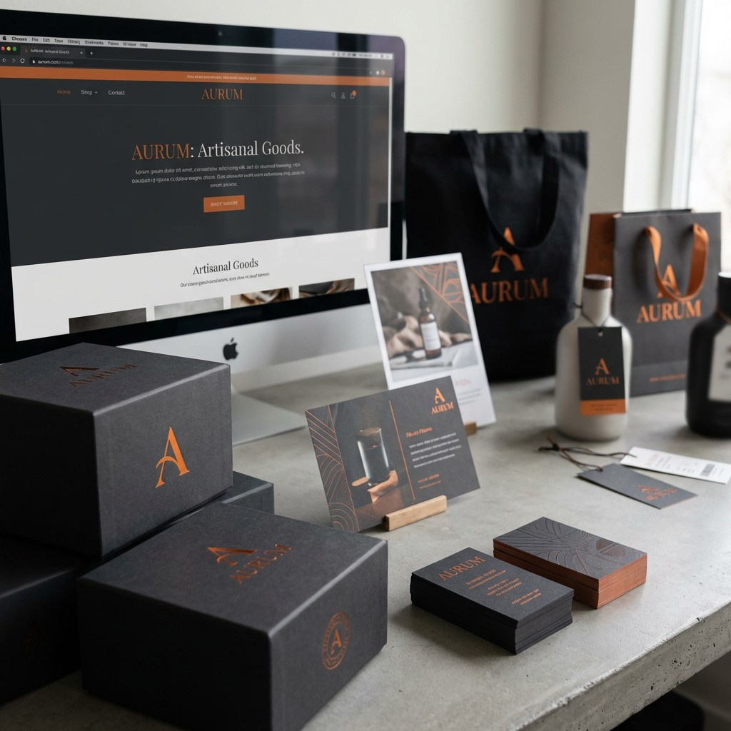 Cohesive AURUM brand identity across a website, packaging boxes, shopping bags, and business cards