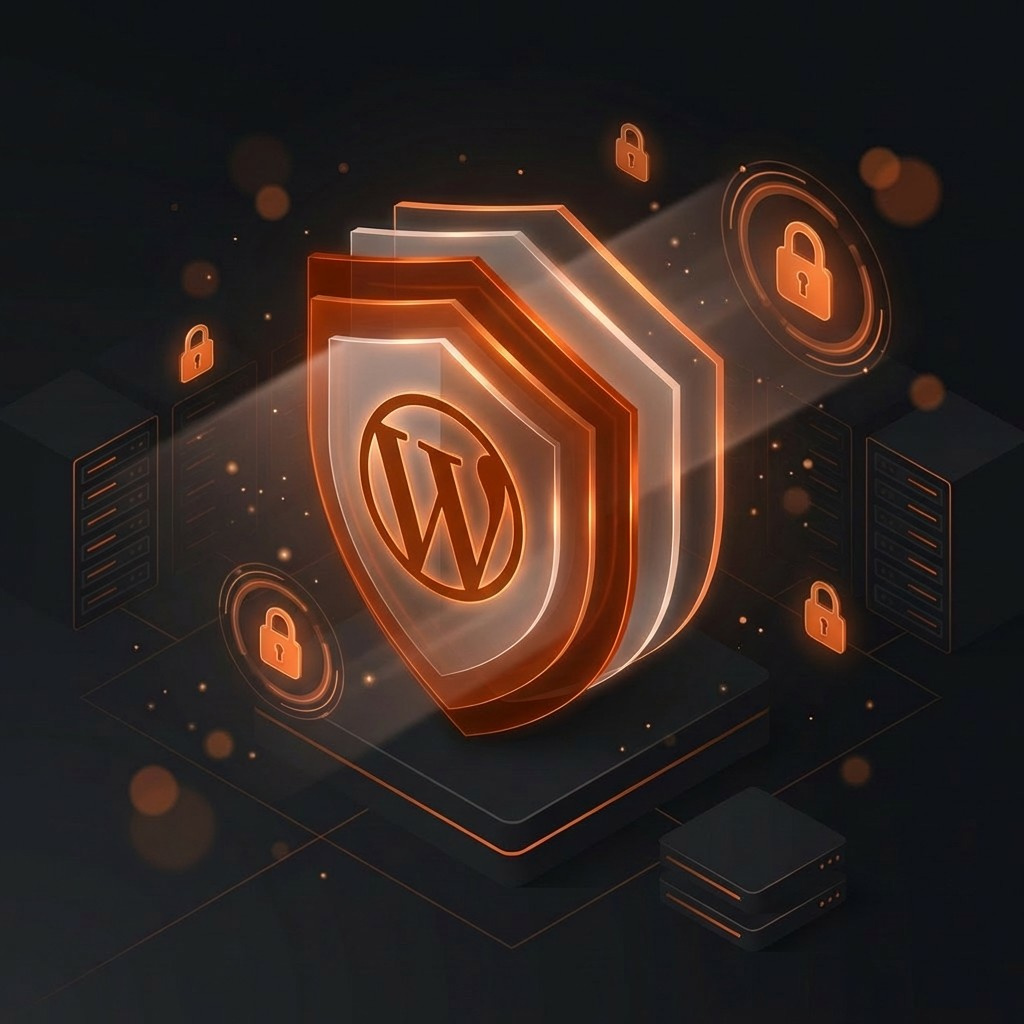 WordPress logo on a glowing shield with servers and padlocks, representing secure WordPress hosting