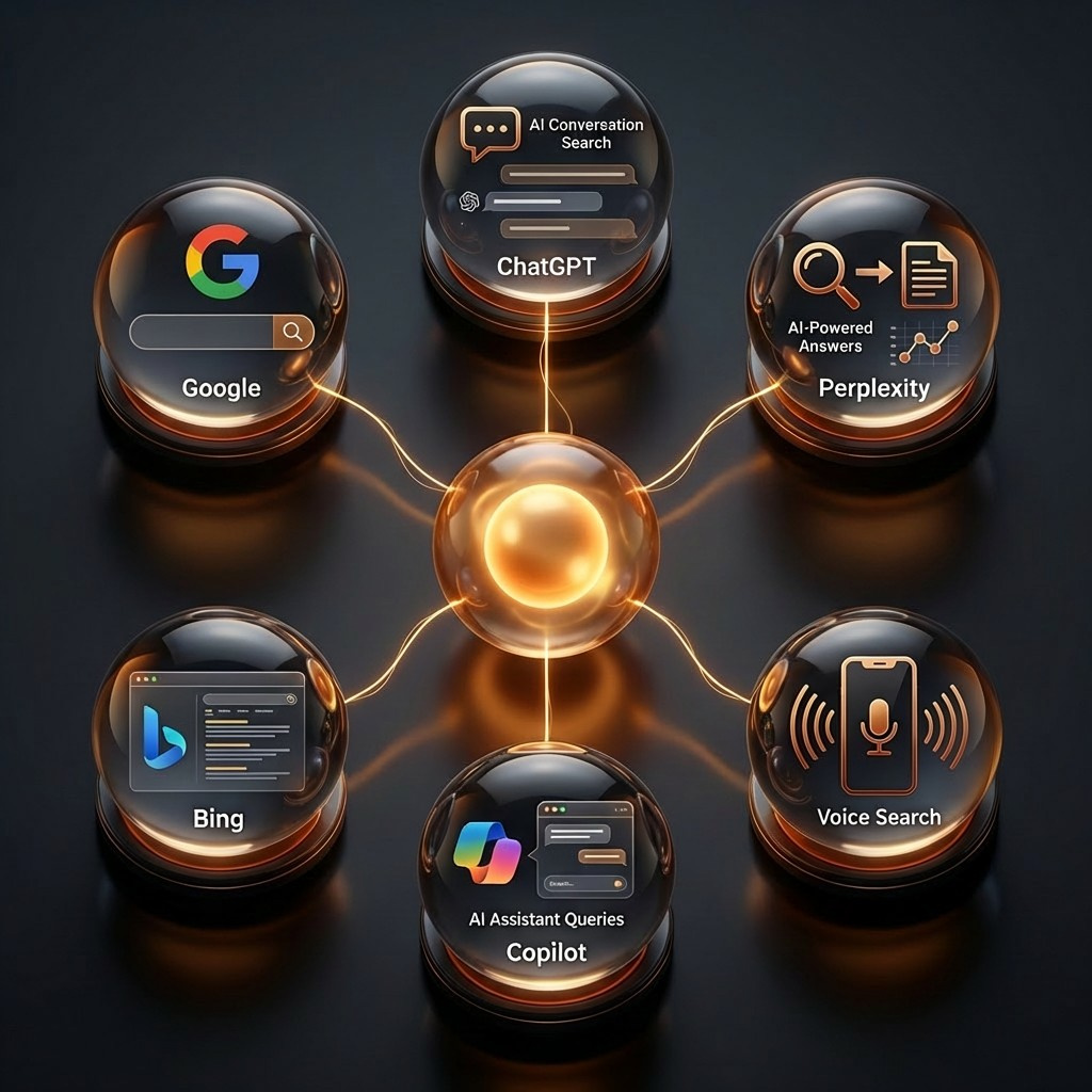 Glass spheres showing Google, ChatGPT, Perplexity, Bing, Copilot, and voice search connected to a central hub