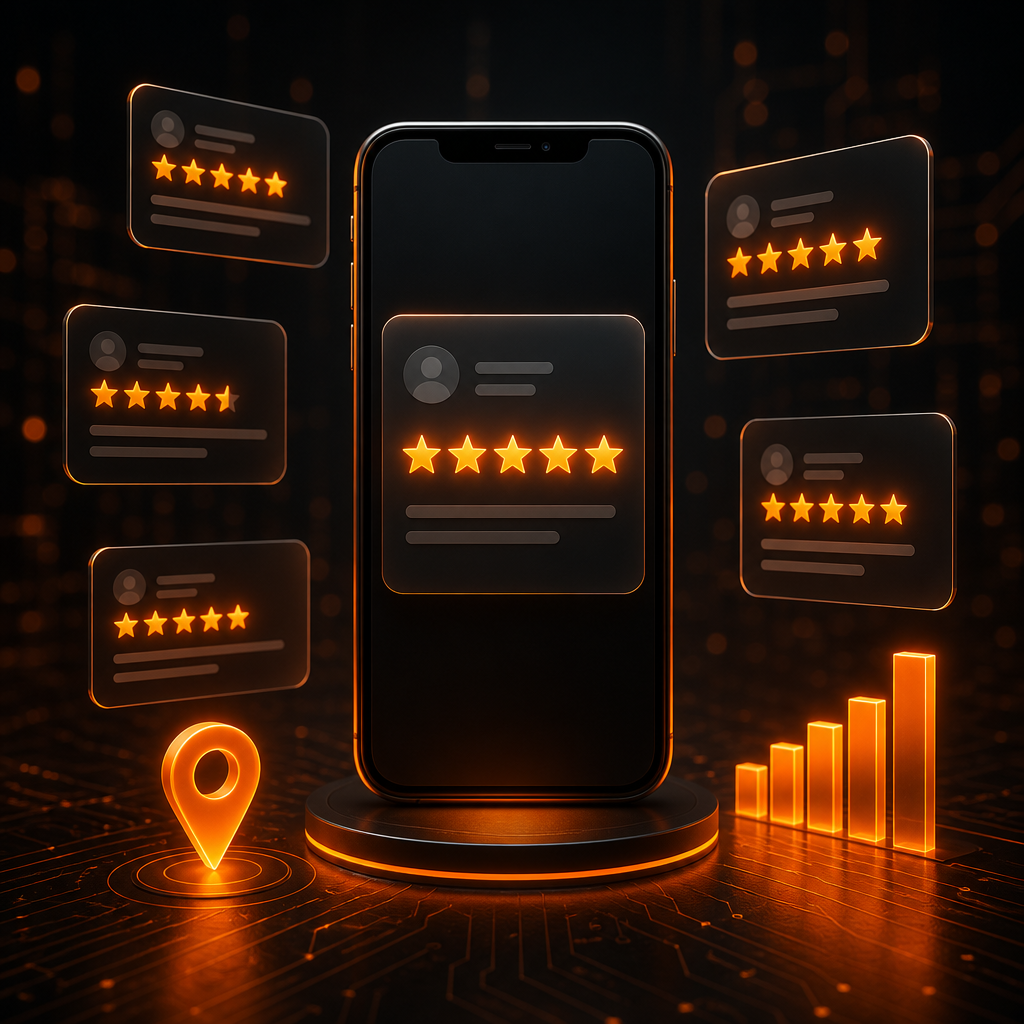 Smartphone showing a glowing five-star review, surrounded by floating review cards, a map pin, and a rising bar chart