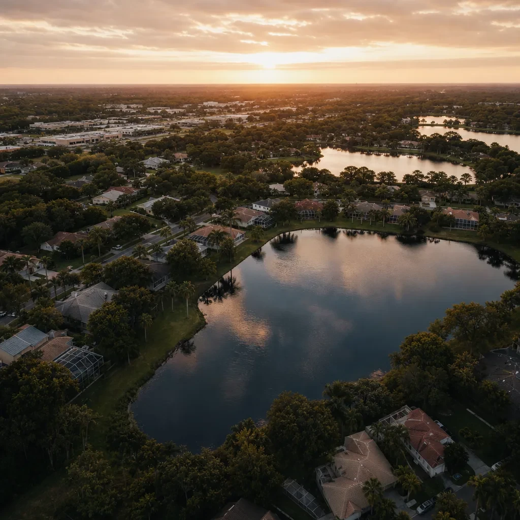 Aerial view of a Brandon, Florida neighborhood with lakes and palm trees