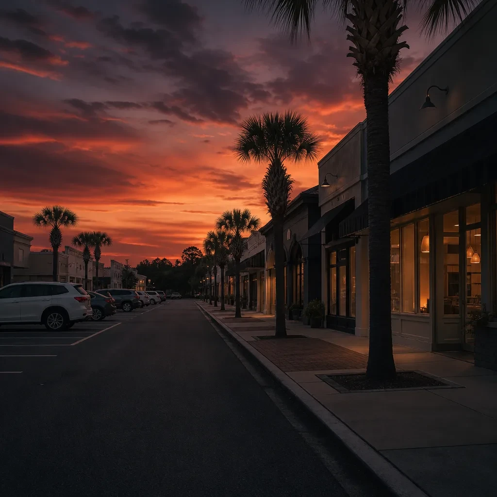 Palm-lined street of local shops in Brandon, Florida at sunset