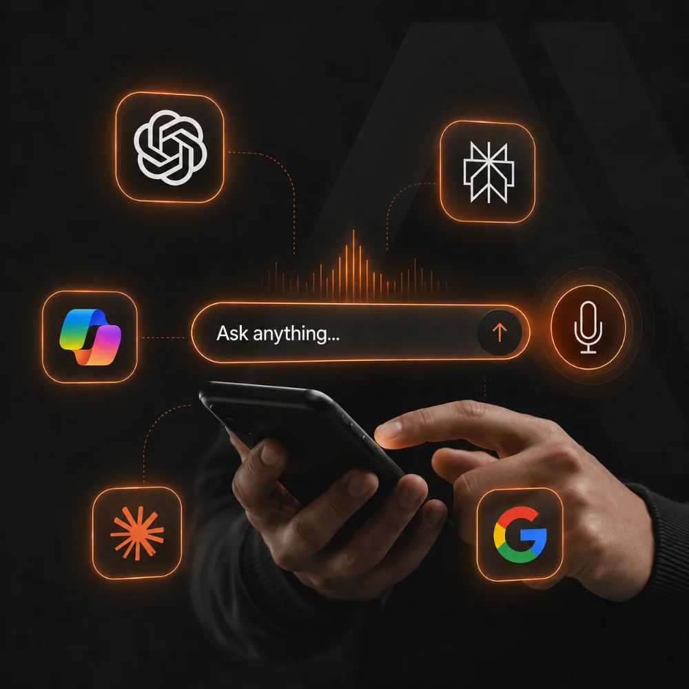 Hand holding a phone with an AI search bar surrounded by ChatGPT, Perplexity, Copilot, and Google logos