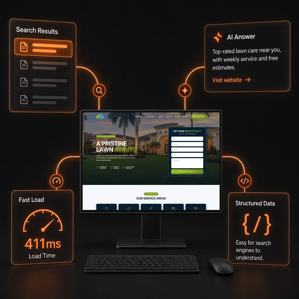 Desktop monitor showing the All Trusted Lawn Care website, connected to search results, an AI answer, a 411ms load time gauge, and structured data