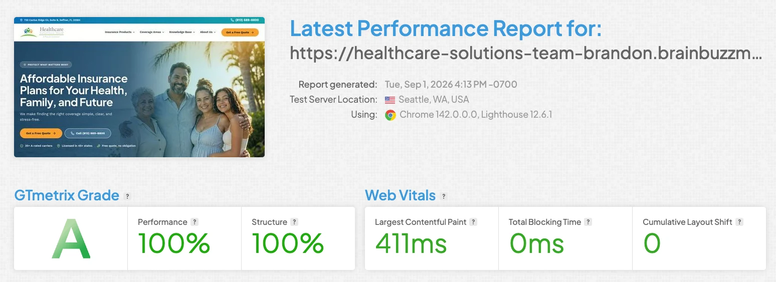 GTmetrix performance report for an AI-built insurance website showing an A grade, 100% performance, 100% structure, a 411ms largest contentful paint, 0ms total blocking time, and 0 cumulative layout shift