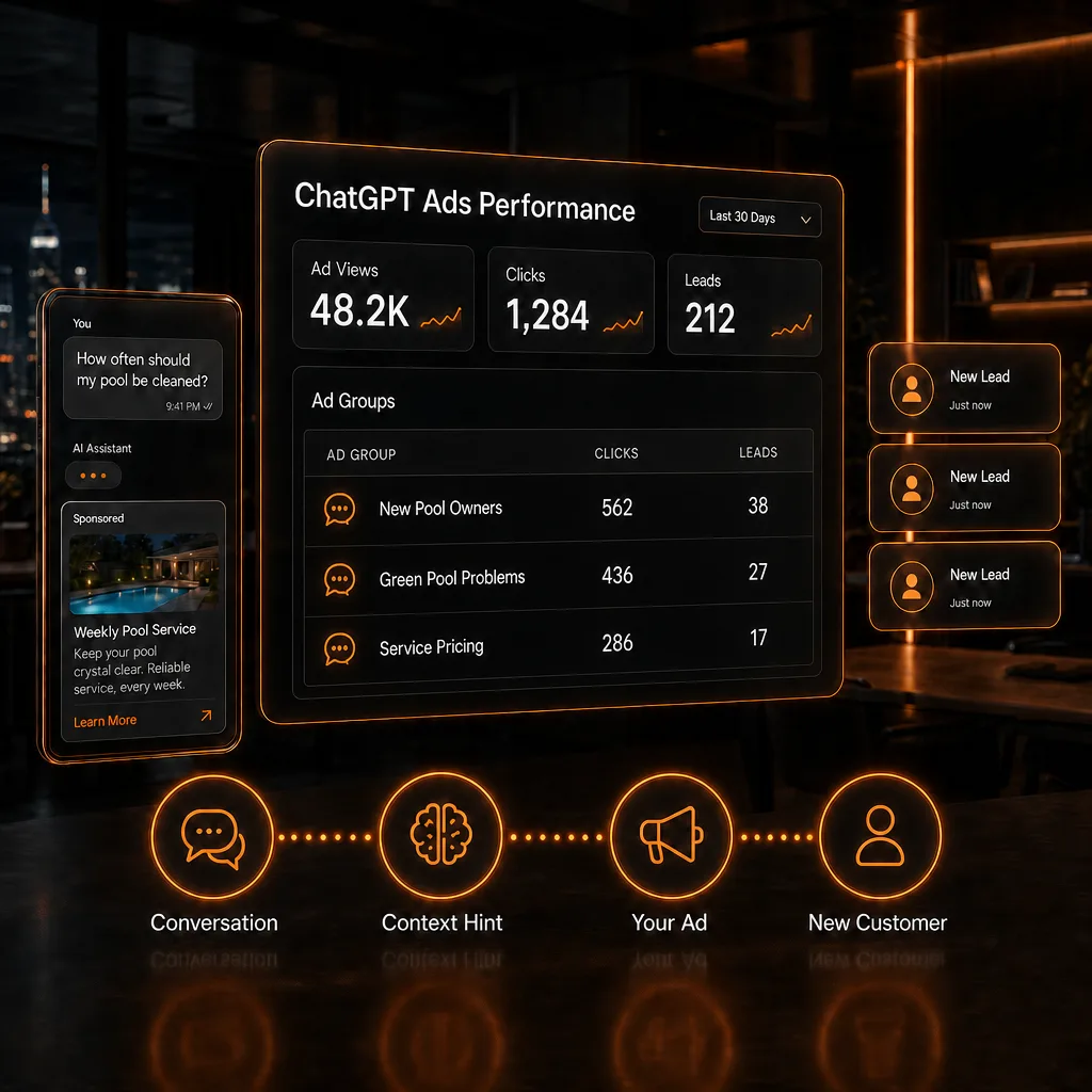 ChatGPT Ads performance dashboard for a pool service company listing clicks and leads for its New Pool Owners, Green Pool Problems, and Service Pricing ad groups, beside a sponsored ad in a chat and new leads coming in