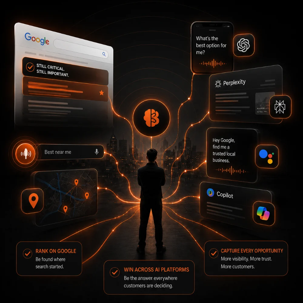 Person connected to Google search, AI platforms, and a local map, showing visibility across search and AI assistants