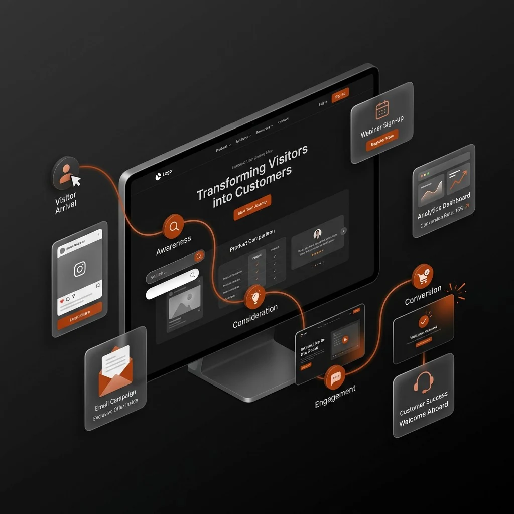 Diagram of a website customer journey from visitor arrival through awareness, consideration, engagement, and conversion