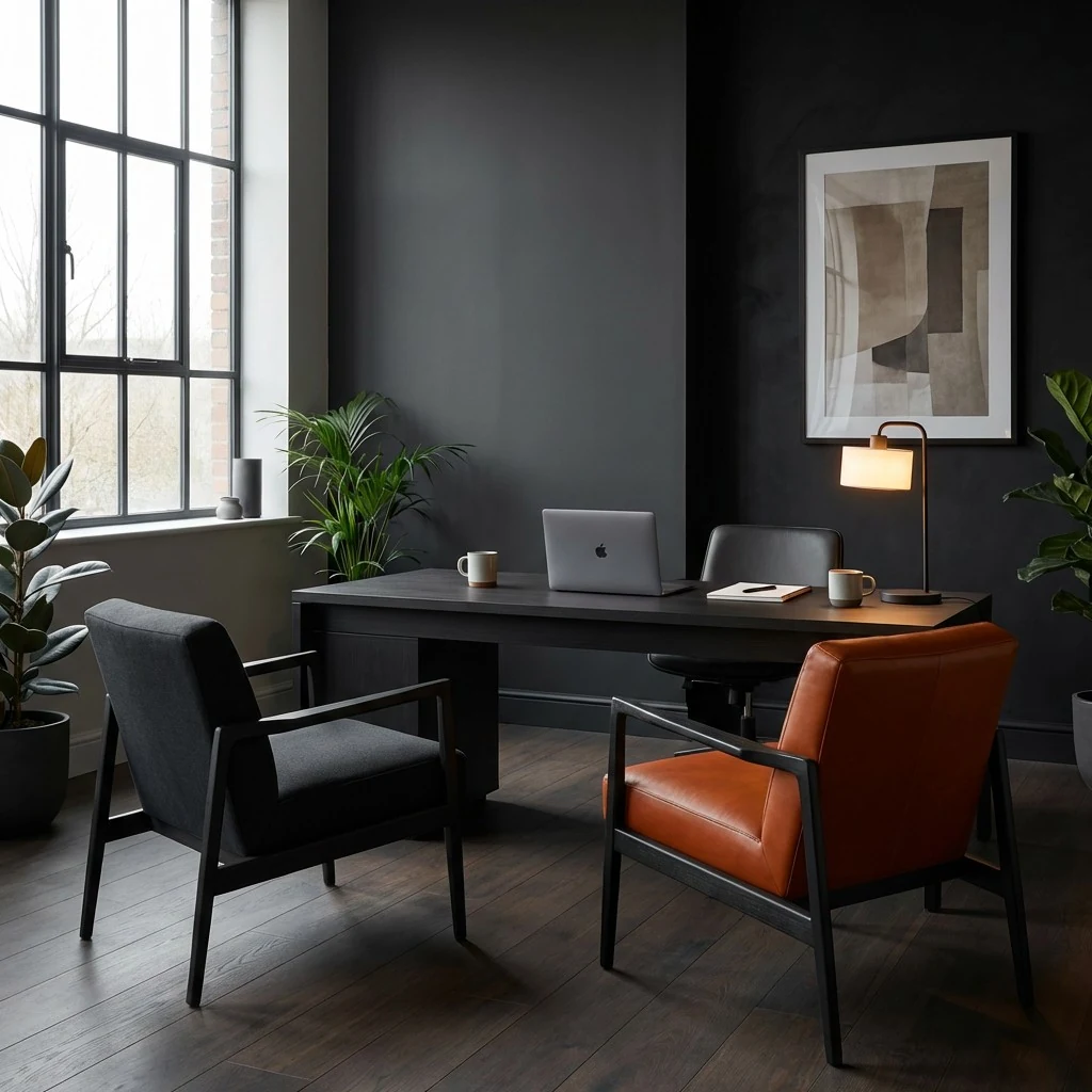 Modern office with a laptop on a dark wood desk, an orange leather chair, and plants